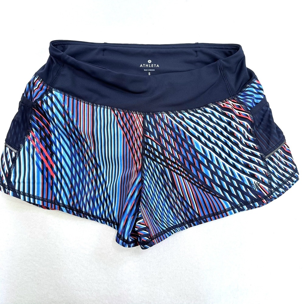 Athleta Be Free Running Shorts Womens Small Blue Red Striped Geometric Pockets